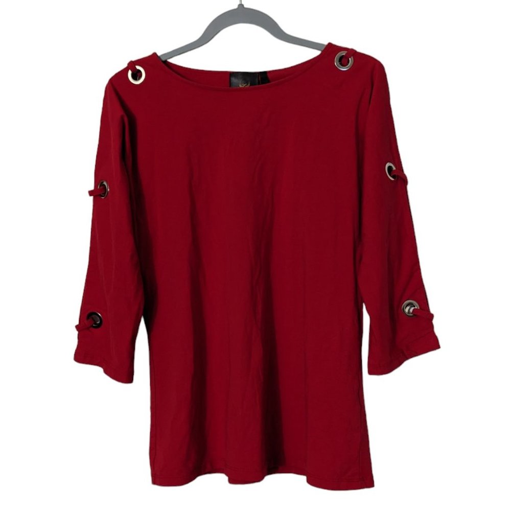 Women's Vecceli Italy 3/4 riveted slit sleeve top, red, size S